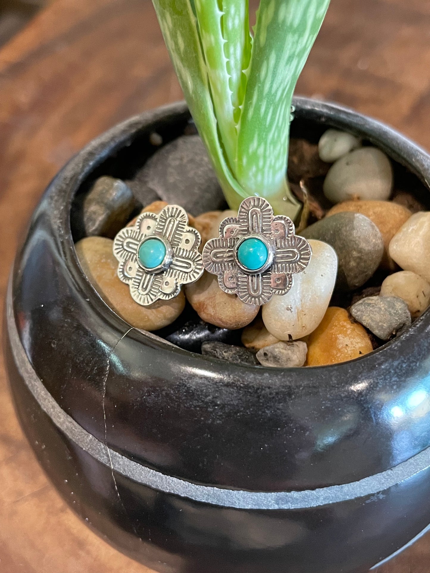 Hand stamped silver and turquoise earrings