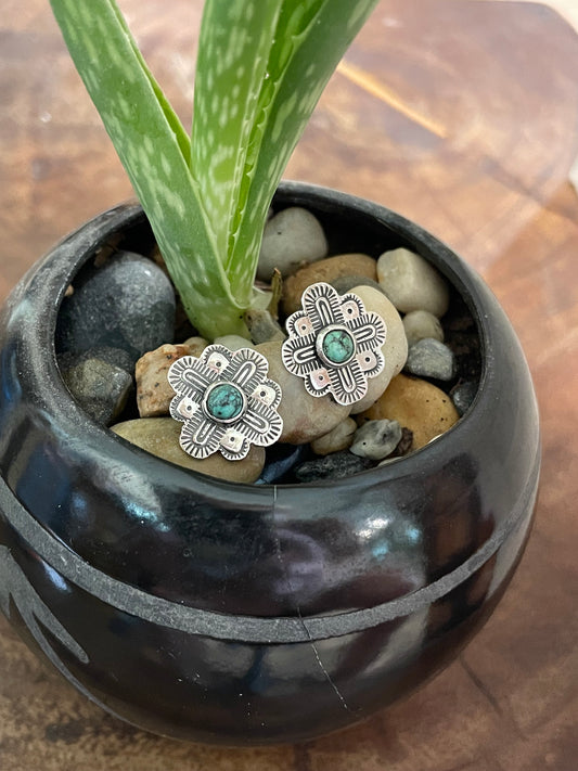Hand stamped silver and turquoise earrings