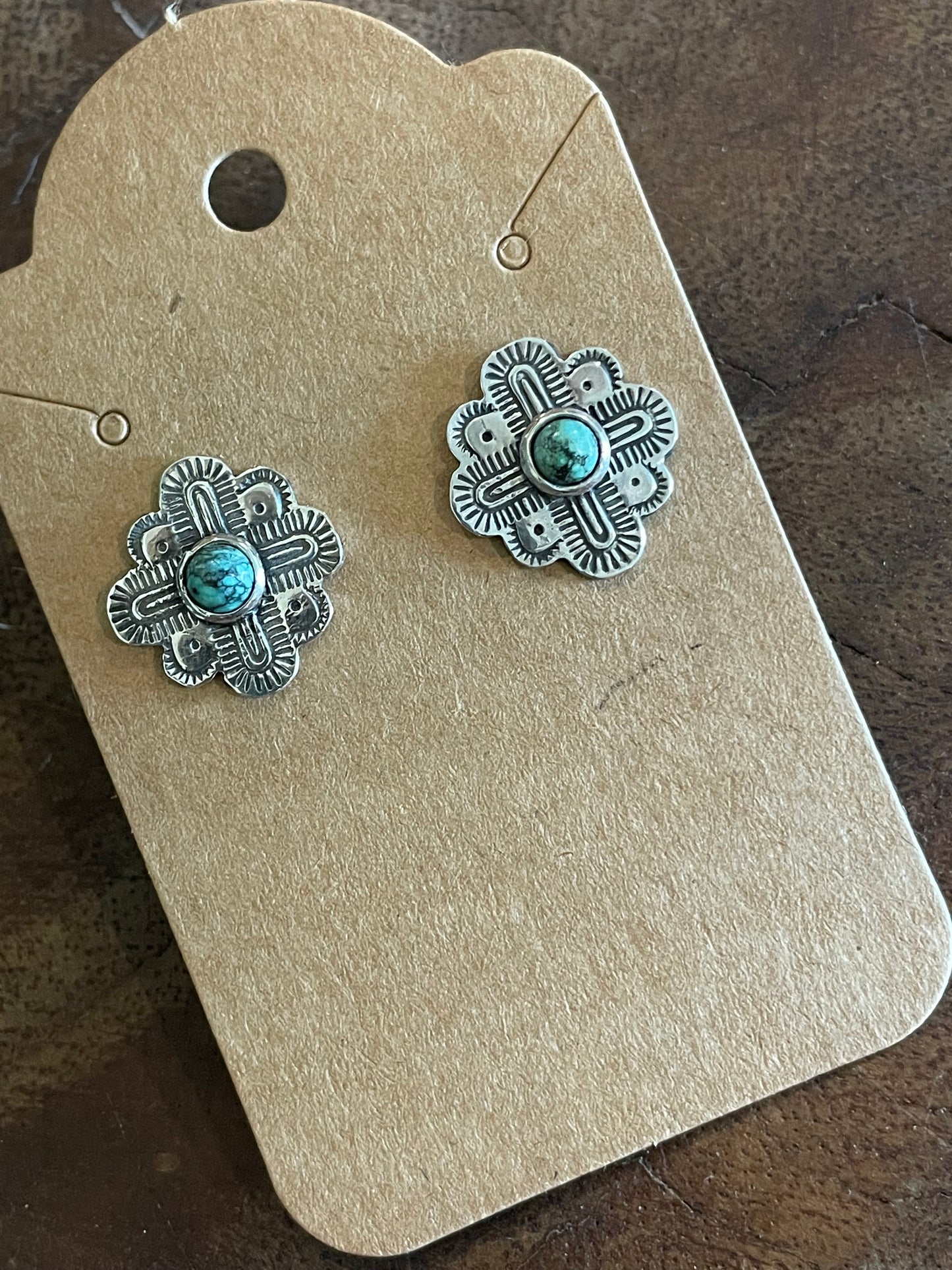 Hand stamped silver and turquoise earrings