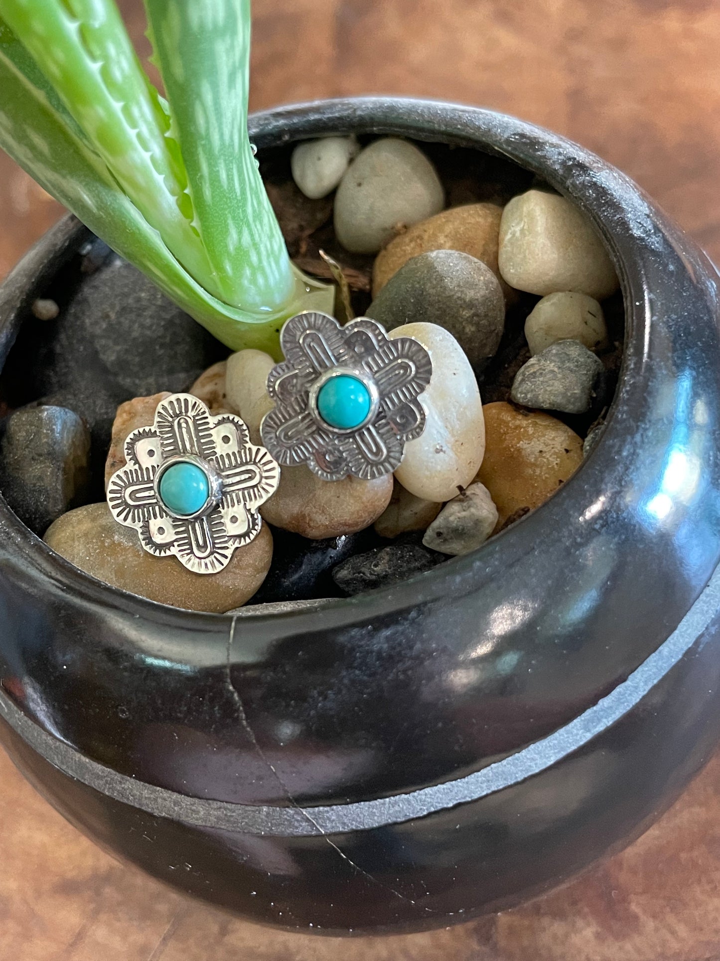 Hand stamped silver and turquoise earrings