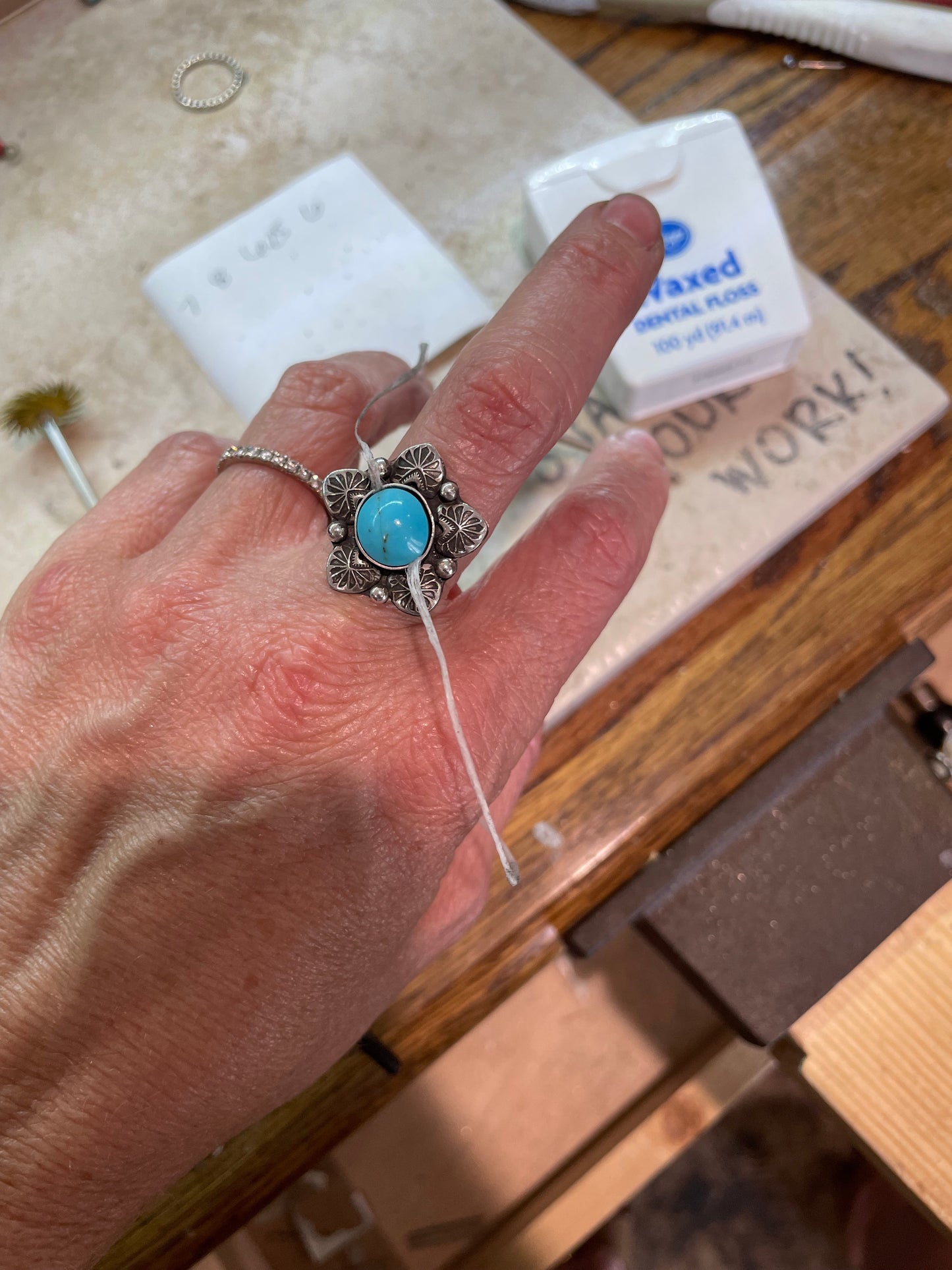 Hand stamped Turquoise ring.